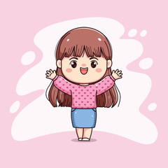 cute girl long hair with pink sweater feeling happy hands up chibi