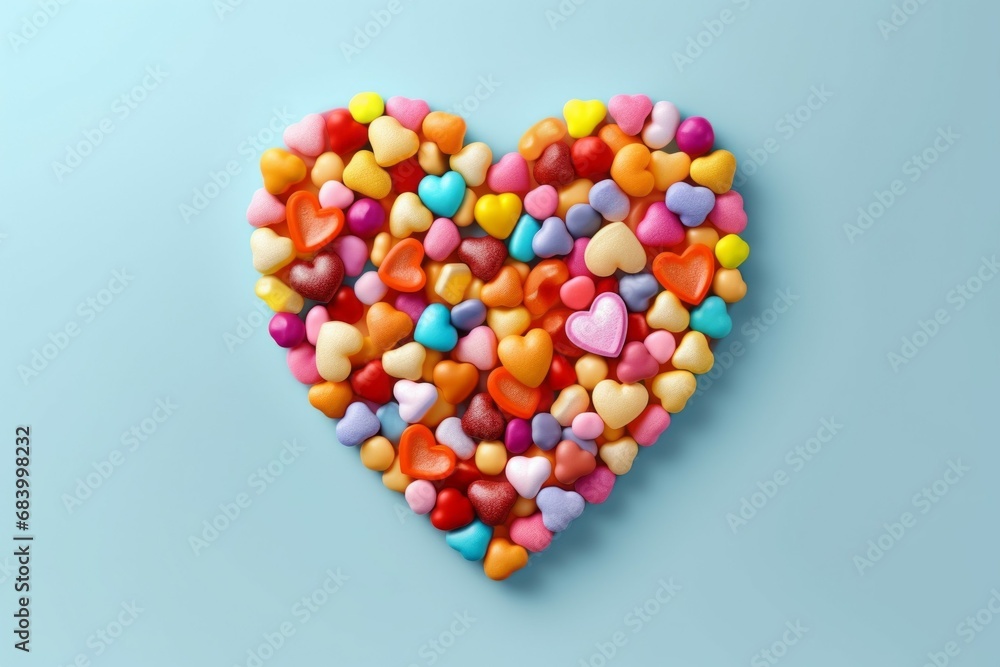 Poster multi-colored small candies with a heart-shaped layout. background with selective focus and copy spa