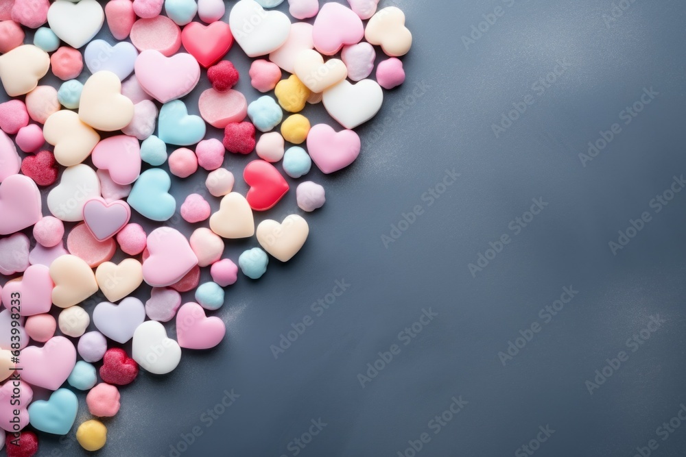 Poster lots of different small candies. background with selective focus and copy space