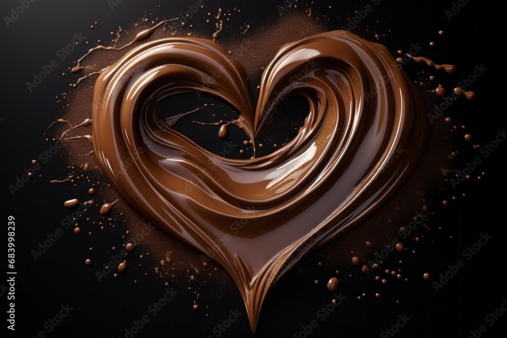 Poster melted chocolate in the shape of a heart on a dark background with selective focus and copy space