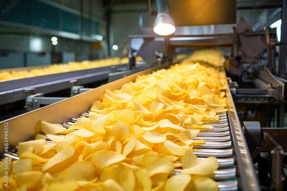 Poster chips factory. production conveyor line. background with selective focus and copy space