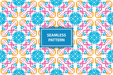 oriental pattern. White, blue, orange and pink background with Arabic ornaments. Patterns, backgrounds and wallpapers for your design. Textile ornament. Vector illustration.