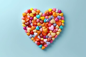 Multi-colored small candies with a heart-shaped layout. Background with selective focus and copy space