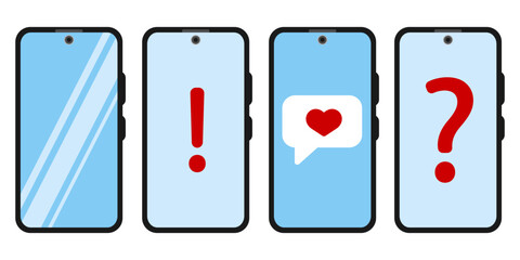 Set of flat vector illustrations of smartphones. Love message. Important notice.