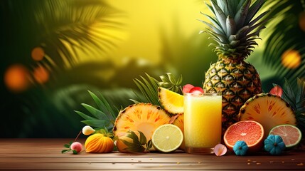 Background with cheerful cocktail tropical fruits - pineapples, coconuts and passion fruit - obrazy, fototapety, plakaty
