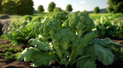 Photo of green broccoli with large inflorescences - obrazy, fototapety, plakaty