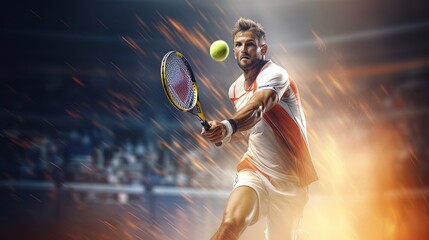 Tennis player with racket: Energetic moment of impact on the tennis court - obrazy, fototapety, plakaty