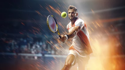 Fotobehang Tennis player with racket: Energetic moment of impact on the tennis court © JVLMediaUHD