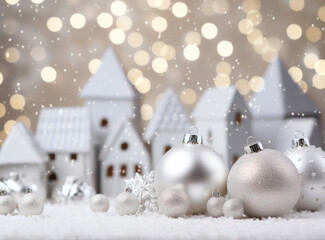 Fototapeta na wymiar Christmas composition. Christmas balls white and silver, decorative house, christmas tree on white background