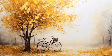 the painting of a yellow bicycle in an autumn scene near a tree, in the style of textured canvas, generative AI