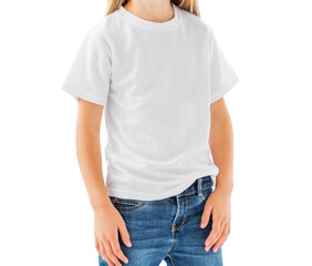 Little Girl In A White Blank T-Shirt Isolated On A White Background