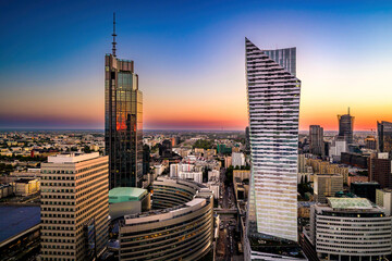 amazing evening View with high skyscrapers in the center business part of Warsaw in Poland at...
