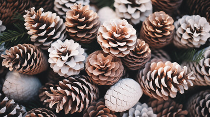 Beautiful texture background of Christmas tree cones. Pine cones closeup. Stylish pattern. Holiday season. New Year's and Merry Christmas. Magic time. Happy celebration winter event. Generated AI