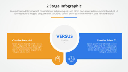 2 points stage template for comparison opposite infographic concept for slide presentation with circle center and creative rectangle box with flat style