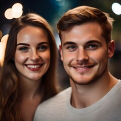 headshot photo of a young white Caucasian couple in love smiling man and woman, looking into the camera.