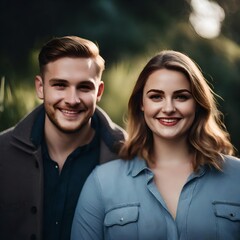 Fototapeta premium headshot photo of a young white Caucasian couple in love smiling man and woman, looking into the camera.