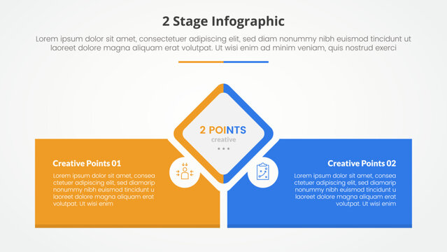 2 points stage template for comparison opposite infographic concept for slide presentation with diamond shape center with rectangle box bottom with flat style