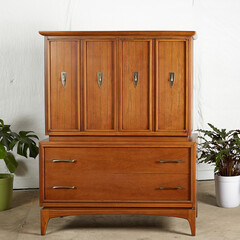 Vintage warm walnut dresser with teardrop pulls. Mid-century modern furniture. Interior photograph.