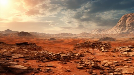 Mars landscape. Awe-Inspiring red Sands and Unique Rock Structures in a Desert Wilderness. The imaginary desert rocky surface of planet Mars. Sci-fi concept.