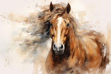 Portrait of a majestic bay horse. Power and Grace of Wild Horse. Painting in style of Impressionism and oil painting, rough brush strokes. Сoncept of freedom and beauty of wild animals in nature