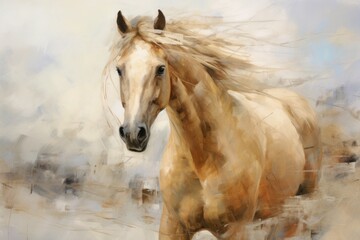 Portrait of Majestic White Horse. Power and Grace of Wild Horse. Painting in style of Impressionism and oil painting, rough brush strokes. Сoncept of freedom and beauty of wild animals in nature