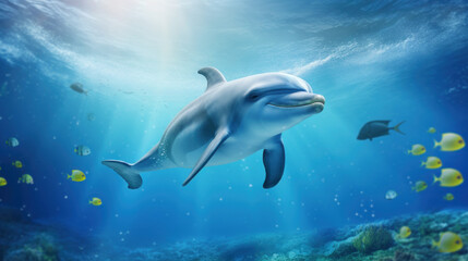 Fototapeta premium Playful dolphin swimming amidst vibrant tropical fish in a sunlit ocean. Animal in its natural habitat. The beauty of nature. Concept of freedom and beauty of wild animal.