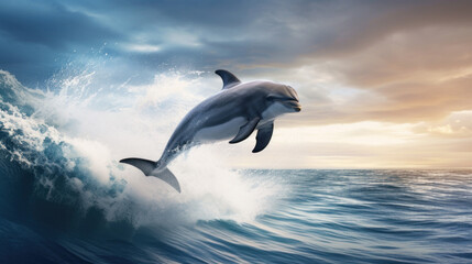 Dolphin jumping out of the water with a splash. Animal in its natural habitat. The beauty of nature. Concept of freedom and beauty of wild animals.