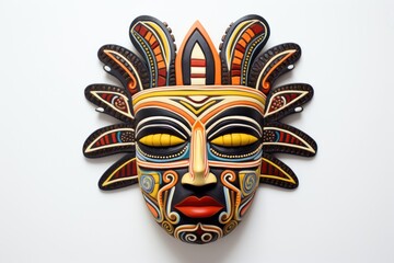Aztec traditional, ceremonial mask on white background. Warrior mask. Tribal totem. Aztec-inspired mask showcasing intricate detailing and craftsmanship. Traditions and customs of ancient Aztecs