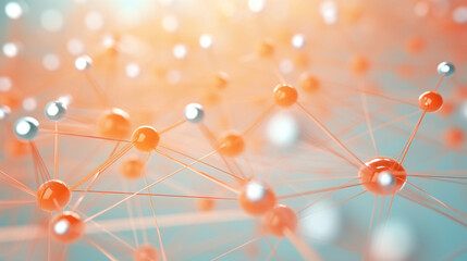 Abstract molecular background. Pastel colors. Futuristic Sphere Network. Interconnected spheres in a radiant orange hue against a cool blue backdrop. Theme of medicine and technology.