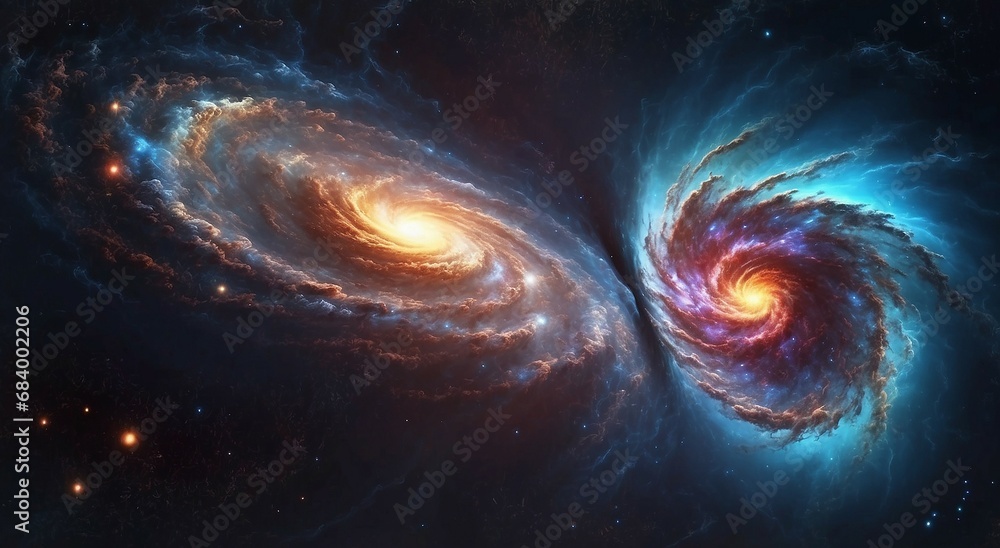 Poster cosmic clash: realistic depiction of the collision between two galaxies in space - ai generative