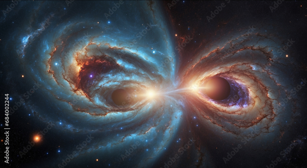 Poster cosmic clash: realistic depiction of the collision between two galaxies in space - ai generative