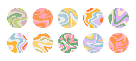 Colorful retro wavy circle background collection. Set of trendy distorted pastel square icon in vintage y2k style. Psychedelic hippie pattern, liquid swirl poster bundle.
