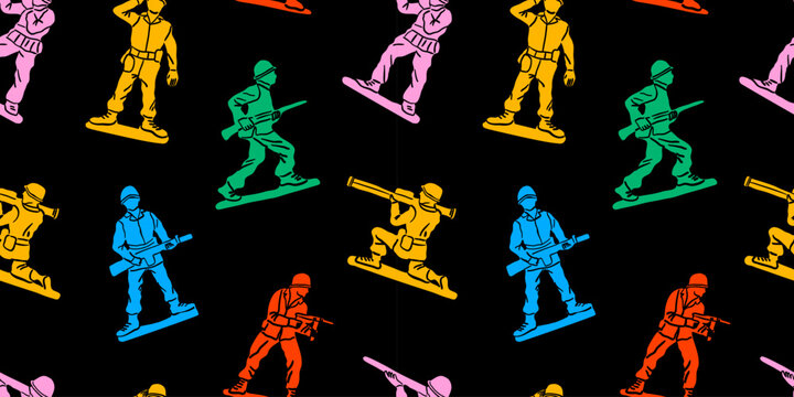 Retro toy soldier doodle seamless pattern illustration. Colorful 90s style green military men background for nostalgia concept or children game print.