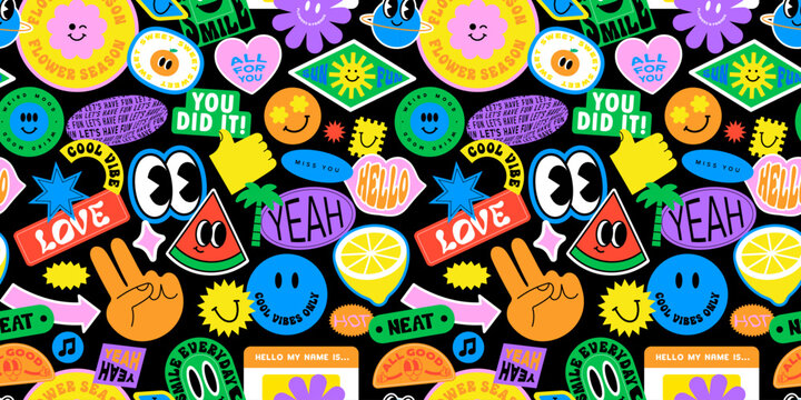 Funny smiling happy face colorful sticker label seamless pattern. Retro 90s smile icon tag background texture. Trendy sign wallpaper.