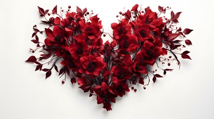 Heart-Shaped Arrangement of Dark Red Flowers on White Background