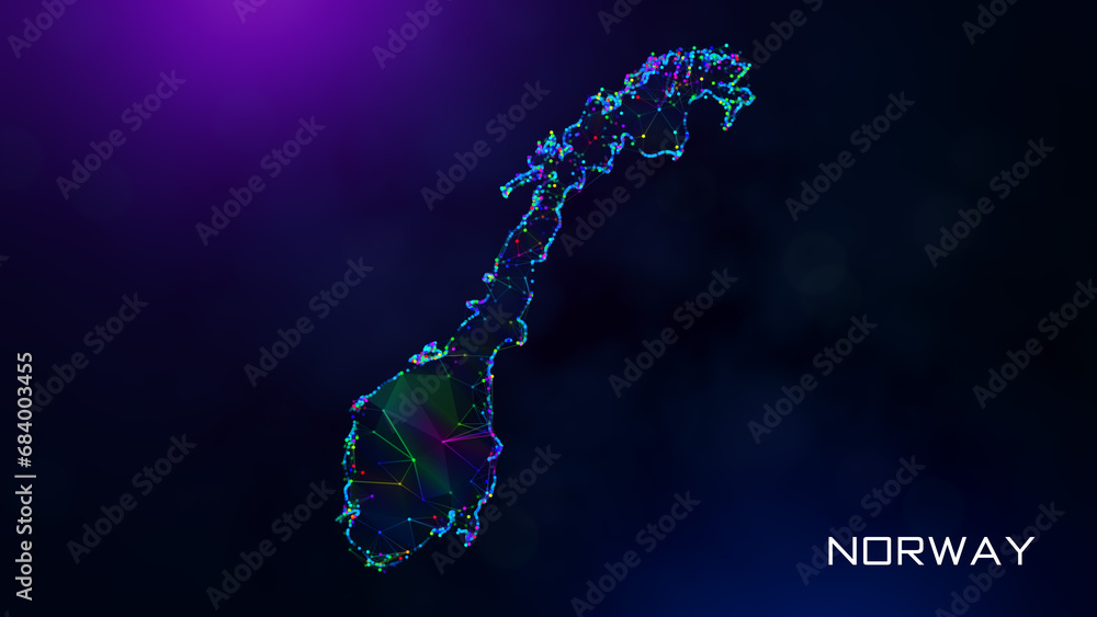 Poster futuristic sweet norway map polygonal blue purple colorful connected lines dots and facet wireframe 