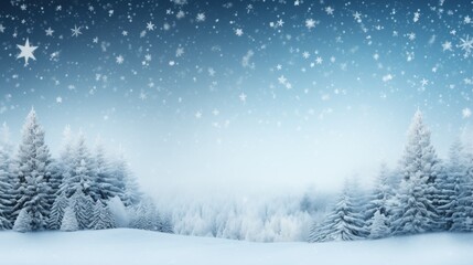  a tranquil winter forest scene with snow-dusted fir trees under a clear star-filled sky, creating a picturesque setting that embodies the stillness and beauty of the holiday season
