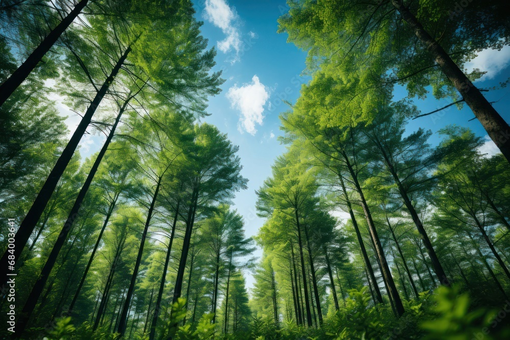 Aufkleber serene forest with lush green trees and a tranquil background generative ai