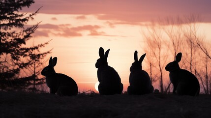 a group of rabbits silhouetted against a dusky winter sky, the soft pastel colors of the sunset...