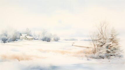 Obraz na płótnie Canvas a soft watercolor depiction of a tranquil winter scene, with a small house nestled among bare trees and a gentle snow covered landscape, evoking a sense of serene isolation.