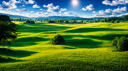 Beautiful green valley with green fields and hills. Natural summer background, nature landscape wallpaper. Created using generative AI tools - obrazy, fototapety, plakaty