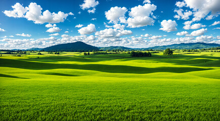 Fototapeta premium Beautiful green valley with green fields and hills. Natural summer background, nature landscape wallpaper. Created using generative AI tools