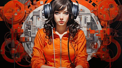 dziewczyna z czarnymi lokami i w pomarańczowych słuchawkach nausznych, słucha muzyki - obrazy, fototapety, plakaty