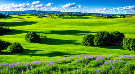 Fototapeta na wymiar Beautiful green valley with green fields and hills. Natural summer background, nature landscape wallpaper. Created using generative AI tools