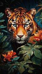 tygrys wyłaniający się z zarośli w jaskrawym ubarwieniu - obrazy, fototapety, plakaty