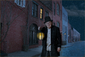 Scrooge walking in the street with a lantern, under snow and a moonlight