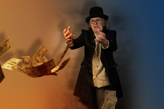 Modern times Scrooge trying to catch dollar bills