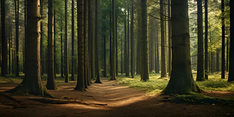 morning in the forest, Forest Is Completely Green And Dark Background, Woodland Forestry Images