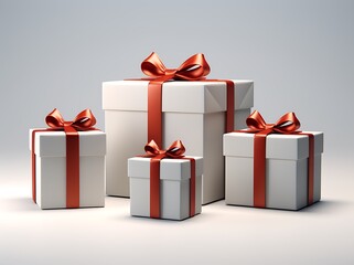 Three white gift boxes with red ribbons on a gray background.