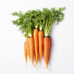 Carrot with fresh green leaves, vibrant orange color, and a smooth texture, isolated on a white background. Perfect for healthy lifestyle themes, culinary uses, and representing organic